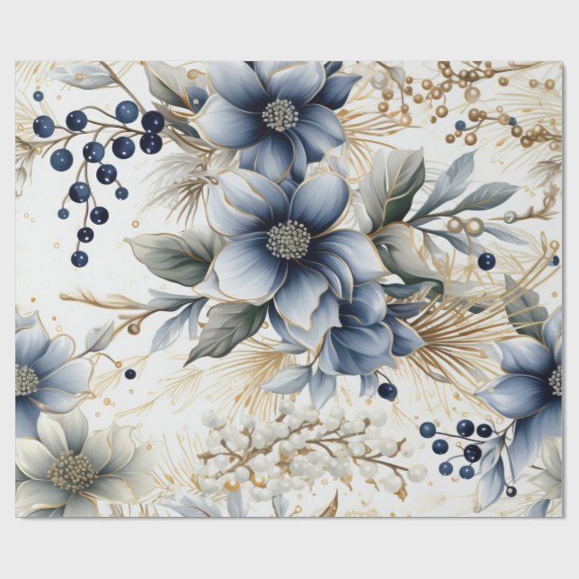 Papel De Presente Elegant Blue & Gold Christmas Paper (Aberto)