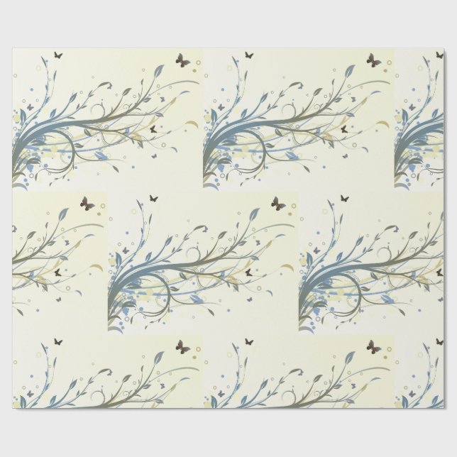 Papel De Presente Elegant Blue Gold Floral Swirls with Butterflies (Aberto)