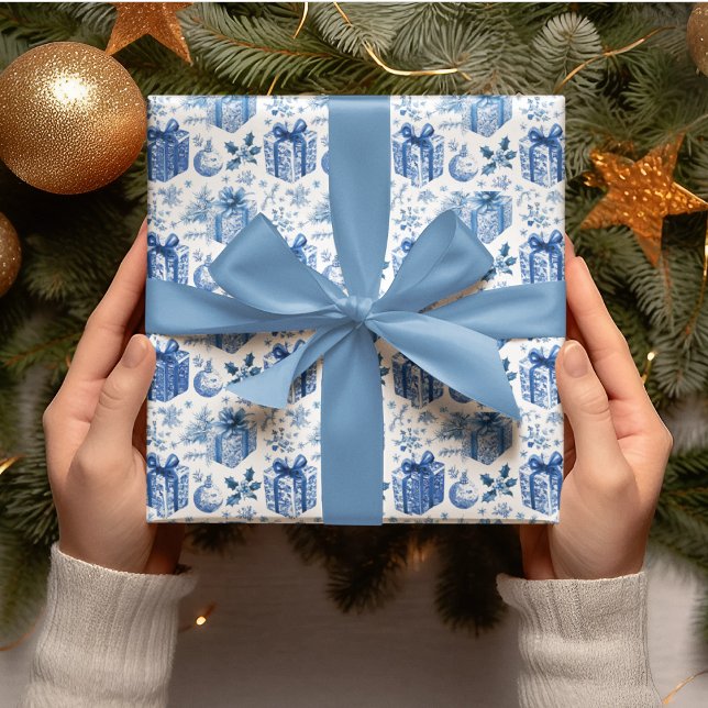 Papel De Presente Elegant Blue & White Christmas Gift Wrapping Paper (Criador carregado)