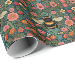 Papel De Presente Elegant boho retro bumblebee spring florals