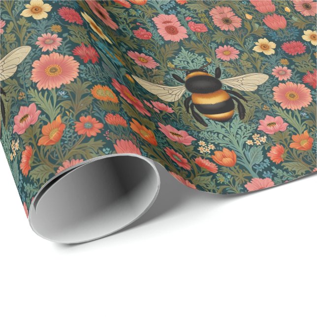 Papel De Presente Elegant boho retro bumblebee spring florals  (Ponta do rolo)