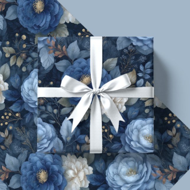 Papel De Presente Elegant Christmas Blue and White Floral Gift  (Criador carregado)