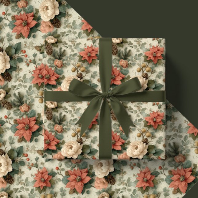 Papel De Presente Elegant Christmas Peach and Cream Floral Gift (Criador carregado)