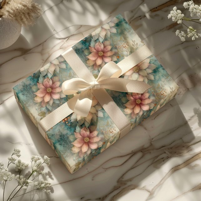 Papel De Presente Elegant Christmas Peach and Sage Green Floral  (Criador carregado)