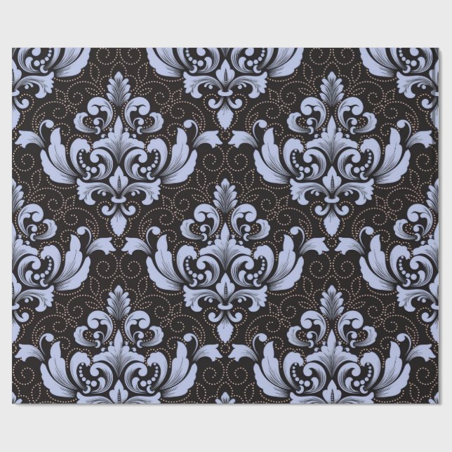 Papel De Presente Elegant Damask blue and black wrapping paper roll (Aberto)