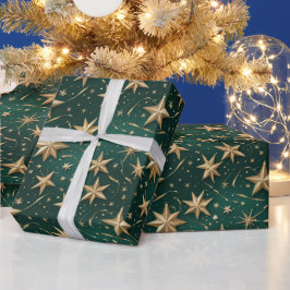 Papel De Presente Elegant Dark Green & Gold Star Wrapping Paper