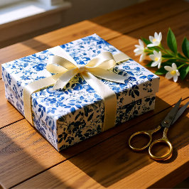 Papel De Presente Elegant Dusty Blue Toile Floral Wedding