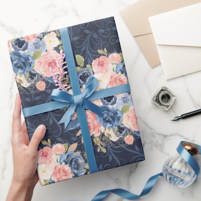 Papel De Presente elegant flowers blue and pink (Presentear)