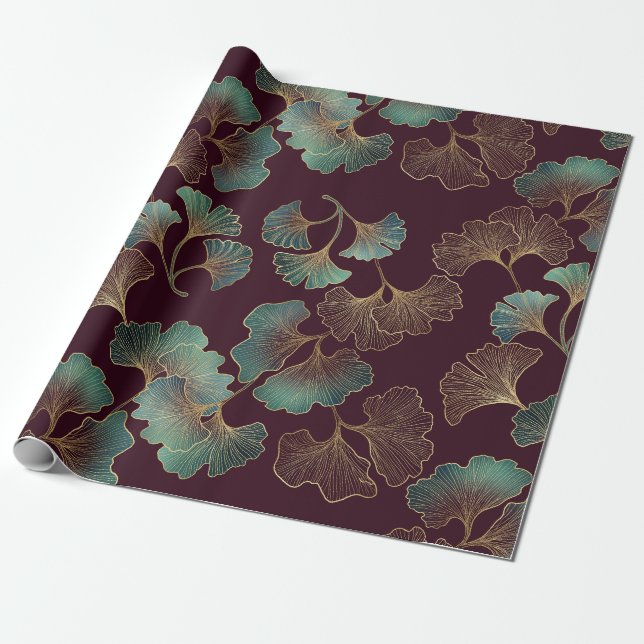 Papel De Presente Elegant Ginkgo Leaf in Burgundy and Teal (1) (Desenrolado)