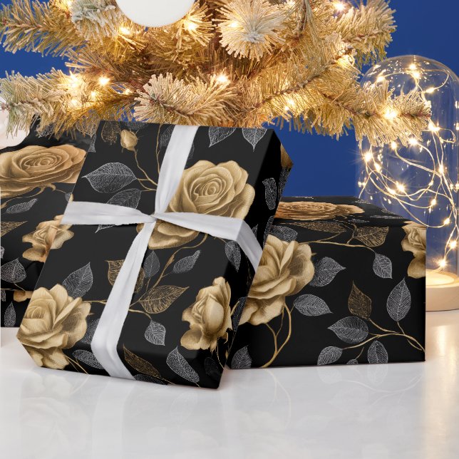 Papel De Presente Elegant Gold Accent Rose Black Floral Pattern (Feriados)
