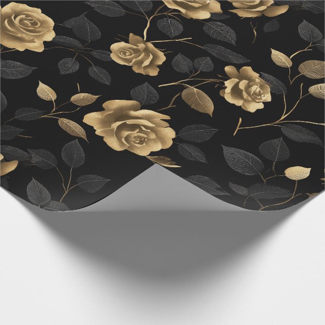 Papel De Presente Elegant Gold Accent Rose Black Floral Pattern (Ponta)