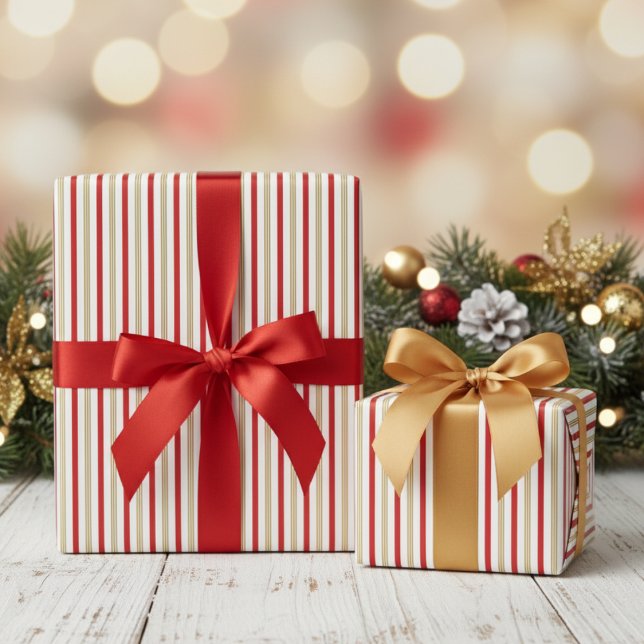 Papel De Presente Elegant Gold and Red Candy Cane Pinstripe Pattern (Elegant Gold & Red Pinstripe Pattern Christmas Wrapping Paper. Modern Thin Red & Gold Lines Stripes)