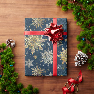 Papel De Presente Elegant Gold Snowflakes Winter Blue Christmas