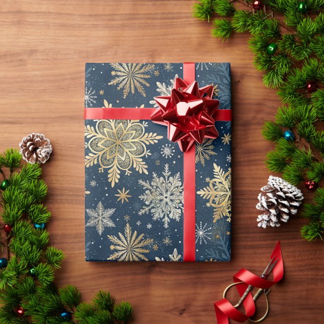 Papel De Presente Elegant Gold Snowflakes Winter Blue Christmas (Presente de Natal)