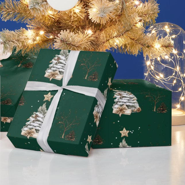 Papel De Presente Elegant Green New Year Frosted Tree (Feriados)