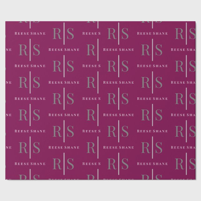 Papel De Presente Elegant Grey Monogram & White Name, Maroon (Barra)