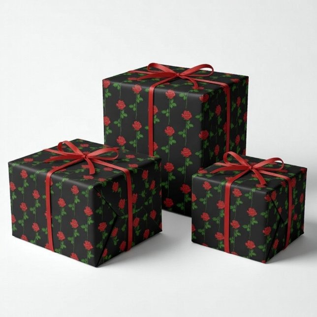 Papel De Presente Elegant Hand-Drawn Rose Wrapping Paper on Black  (Criador carregado)