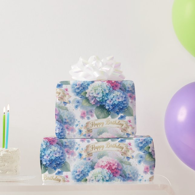 Papel De Presente Elegant Happy Birthday Hydrangea Floral  (Presentes para festas)