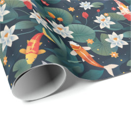 Papel De Presente Elegant Koi and Waterlily Wrapping Paper on Indigo