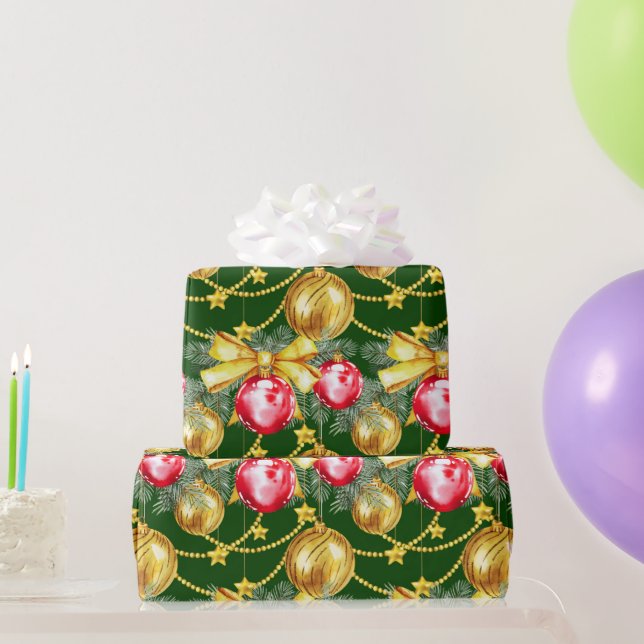 Papel De Presente Elegant Luxury Red Gold Christmas Ball Pattern (Presentes para festas)