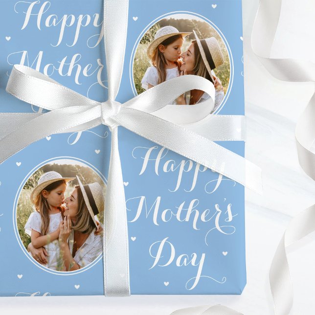 Papel De Presente Elegant Mother's Day Custom Photo Blue White (Criador carregado)