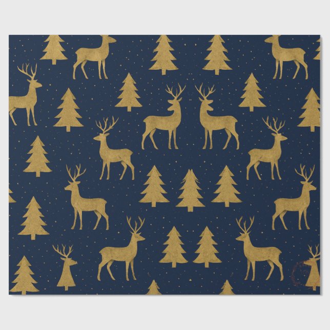 Papel De Presente Elegant Navy & Gold Reindeer Christmas Wrapping Pa (Aberto)