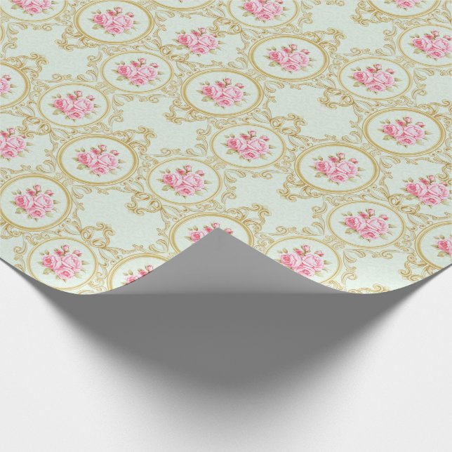Papel De Presente Elegant Pink Rose and Gold Baroque Frame (Ponta)