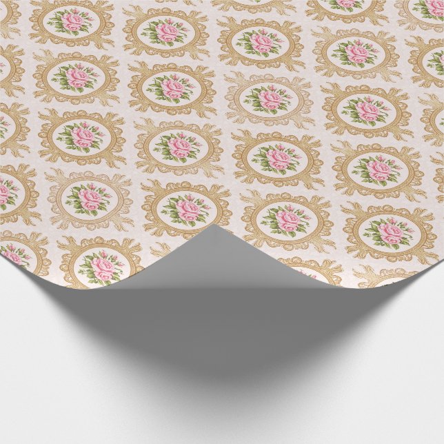 Papel De Presente Elegant Pink Rose and Gold Baroque Frame (Ponta)