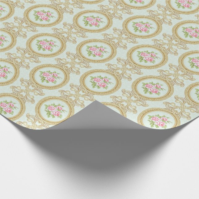 Papel De Presente Elegant Pink Rose and Gold Baroque Frame (Ponta)