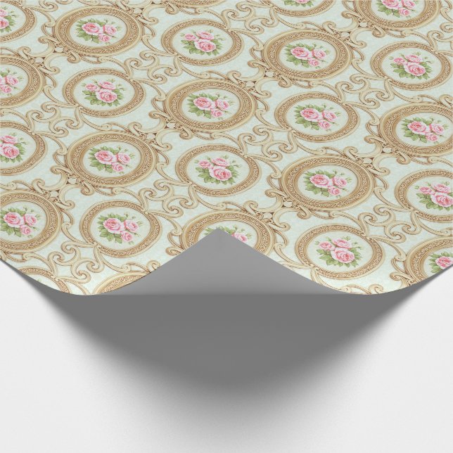 Papel De Presente Elegant Pink Rose and Gold Baroque Frame (Ponta)