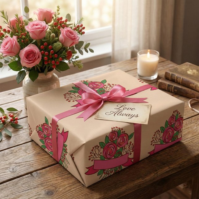Papel De Presente Elegant Pink Rose Floral Bouquet (Criador carregado)
