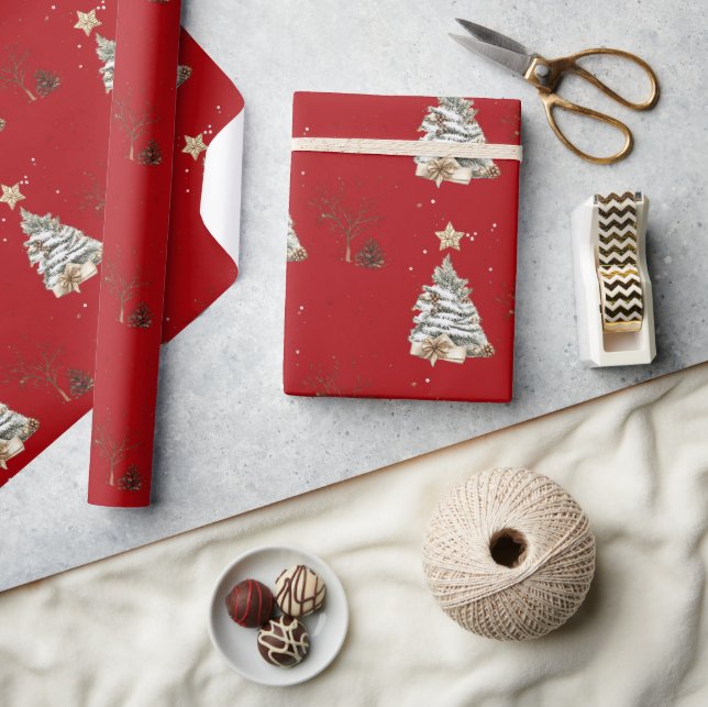 Papel De Presente Elegant Red New Year Frosted Tree (Artesanato)