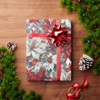 Papel De Presente Elegant Red & White Poinsettia Christmas Floral