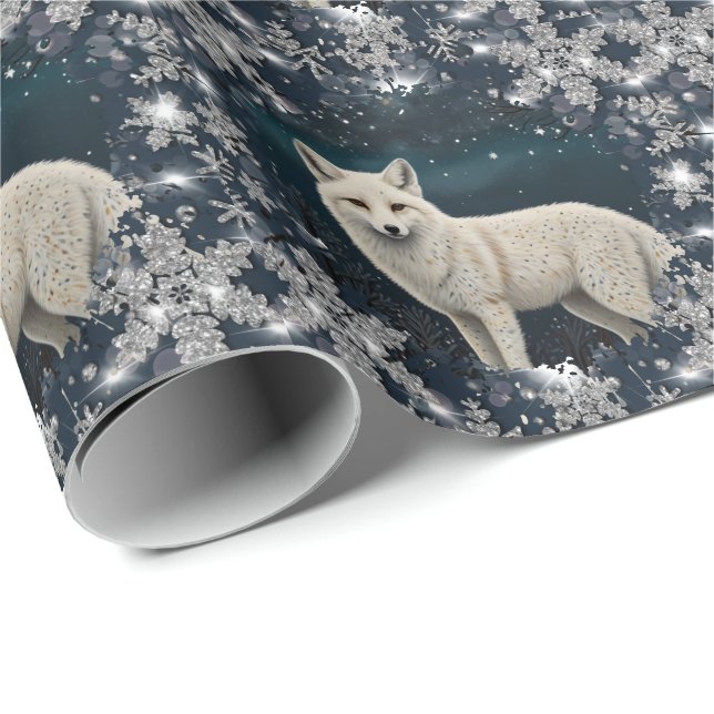 Papel De Presente Elegant retro white winter fox sparkling snowflake (Ponta do rolo)