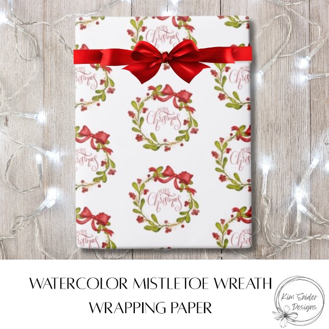 Papel De Presente Elegant Watercolor MIstletoe Wreath & Red Bow  (Criador carregado)