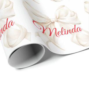 Papel De Presente Elegant White Bow nome vermelho Natal