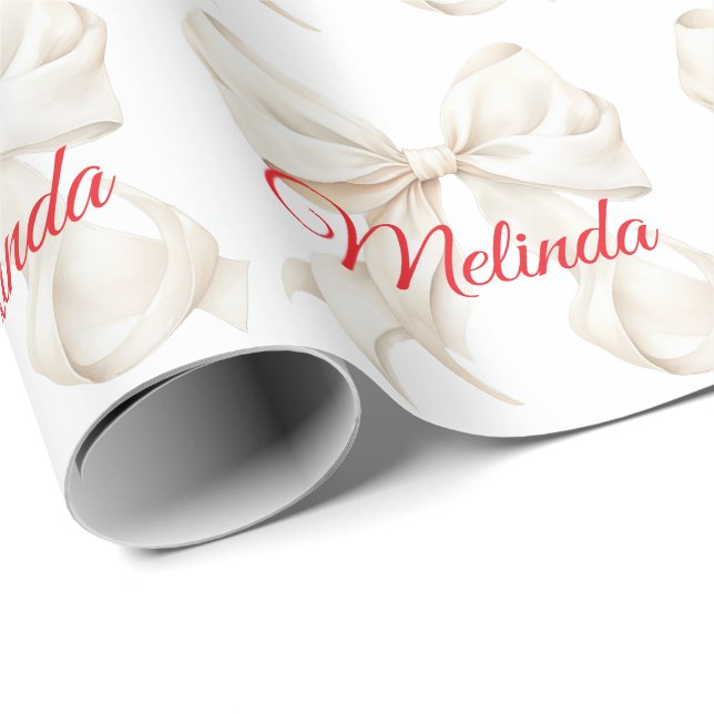 Papel De Presente Elegant White Bow nome vermelho Natal  (Ponta do rolo)