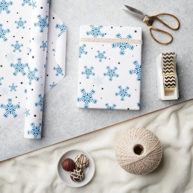 Papel De Presente Elegant White & Dark Blue Snowflake Wrapping Paper (Artesanato)