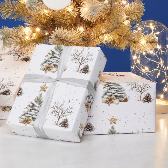 Papel De Presente Elegant White New Year Frosted Tree pine (Feriados)