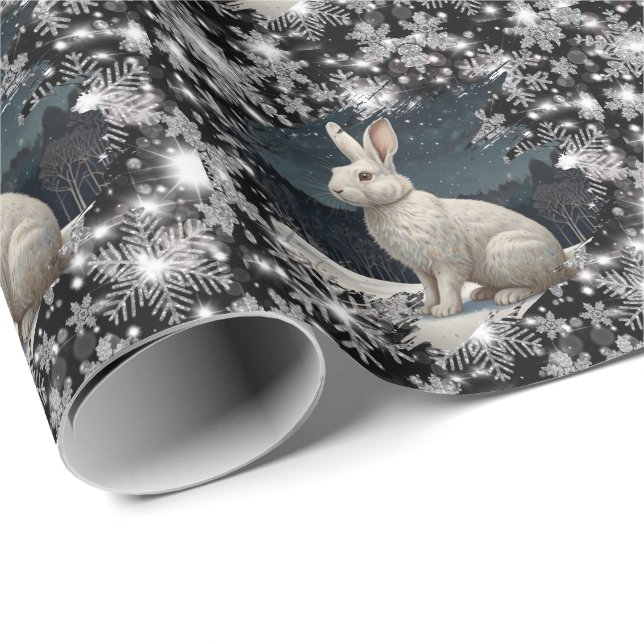 Papel De Presente Elegant white rabbit Christmas snowflakes (Ponta do rolo)