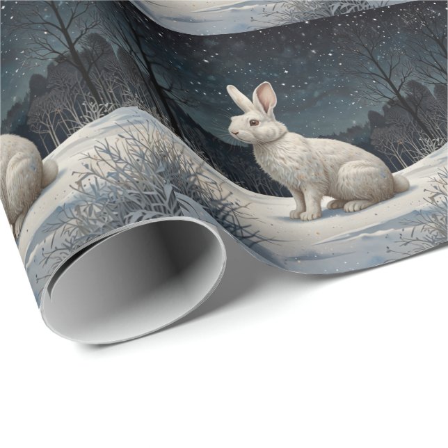 Papel De Presente Elegant white rabbit Christmas snowy woodland  (Ponta do rolo)