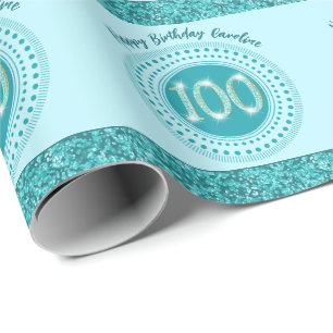 Papel De Presente Elegante 100º Aniversário Glitter Azul Teal e Stri