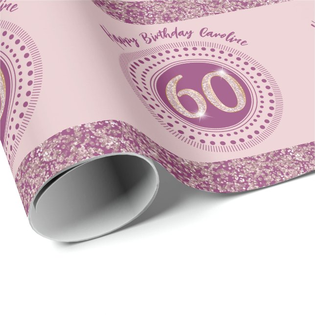 Papel De Presente Elegante 60º Aniversário Rosa Dourada Brilhante e  (Ponta do rolo)