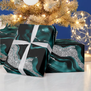 Papel De Presente Elegante Ágata de Aniversário em Verde Azul e Bril