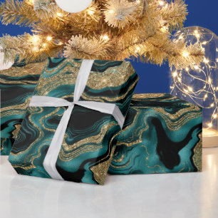 Papel De Presente Elegante Ágata de Aniversário em Verde Azul e Bril