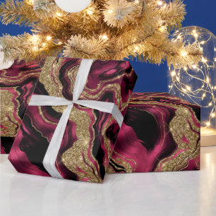 Papel De Presente Elegante Ágata de Aniversário Vermelha e Dourada B