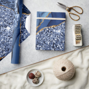 Papel De Presente Elegante Ágata Oceânica Azul Marinho e Dourado Bri