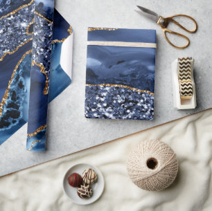 Papel De Presente Elegante Ágata Oceânica Azul Naval e Brilho Dourad