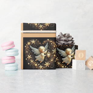Papel De Presente Elegante Anjo Dourado Celestial & Estrelas Natal