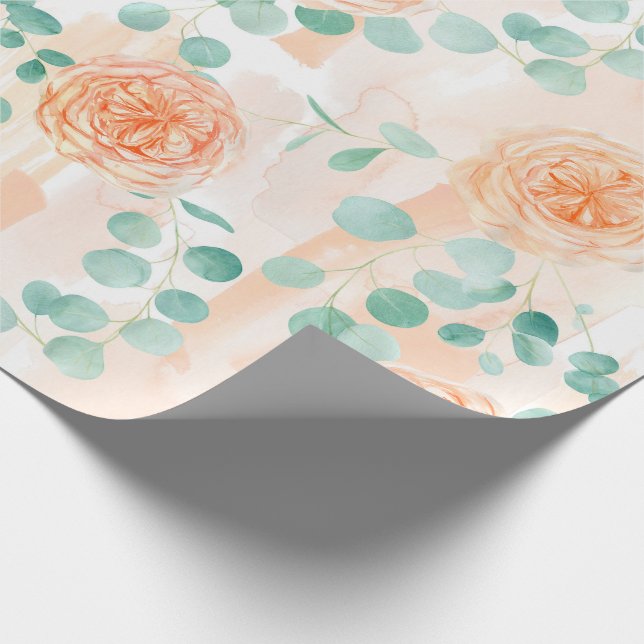 Papel De Presente Elegante Aquarela Peach Floral Verde Eucalipto (Ponta)
